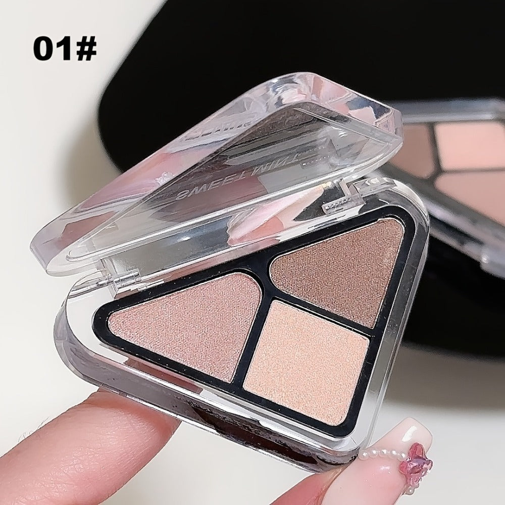 Eyeshadow Palette 3-Shade Triangular Compact with Pink and Brown Color Theme, Clear Lid and Matte-Shimmer Finish Mix