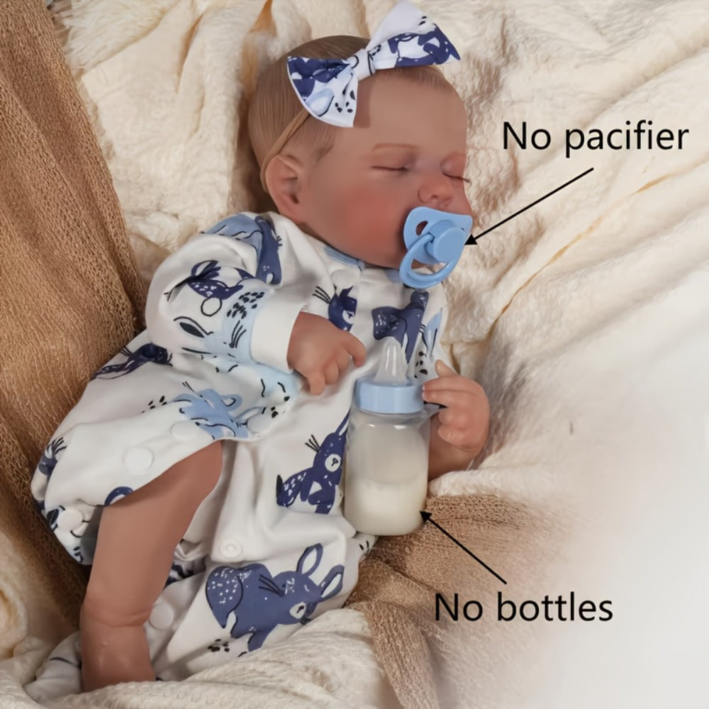 18-Inch Baby Doll in Blue-Print Outfit with Sleeping or Open-Eye Face Options and No Bottle or Pacifier