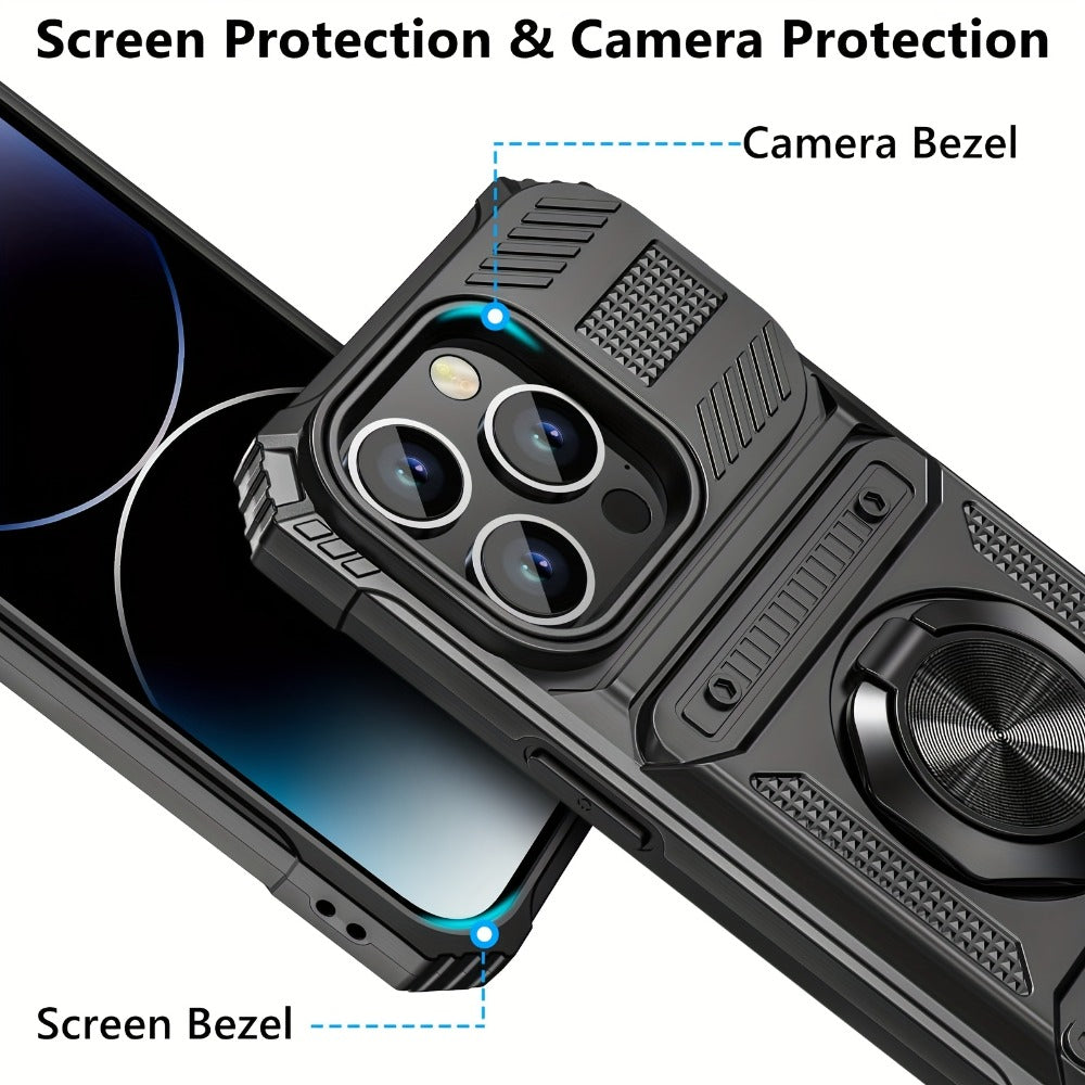 Phone Case Dual-Card Hard Shell Cover with 360° Metal Ring Kickstand for Select iPhone 7–17 Models
