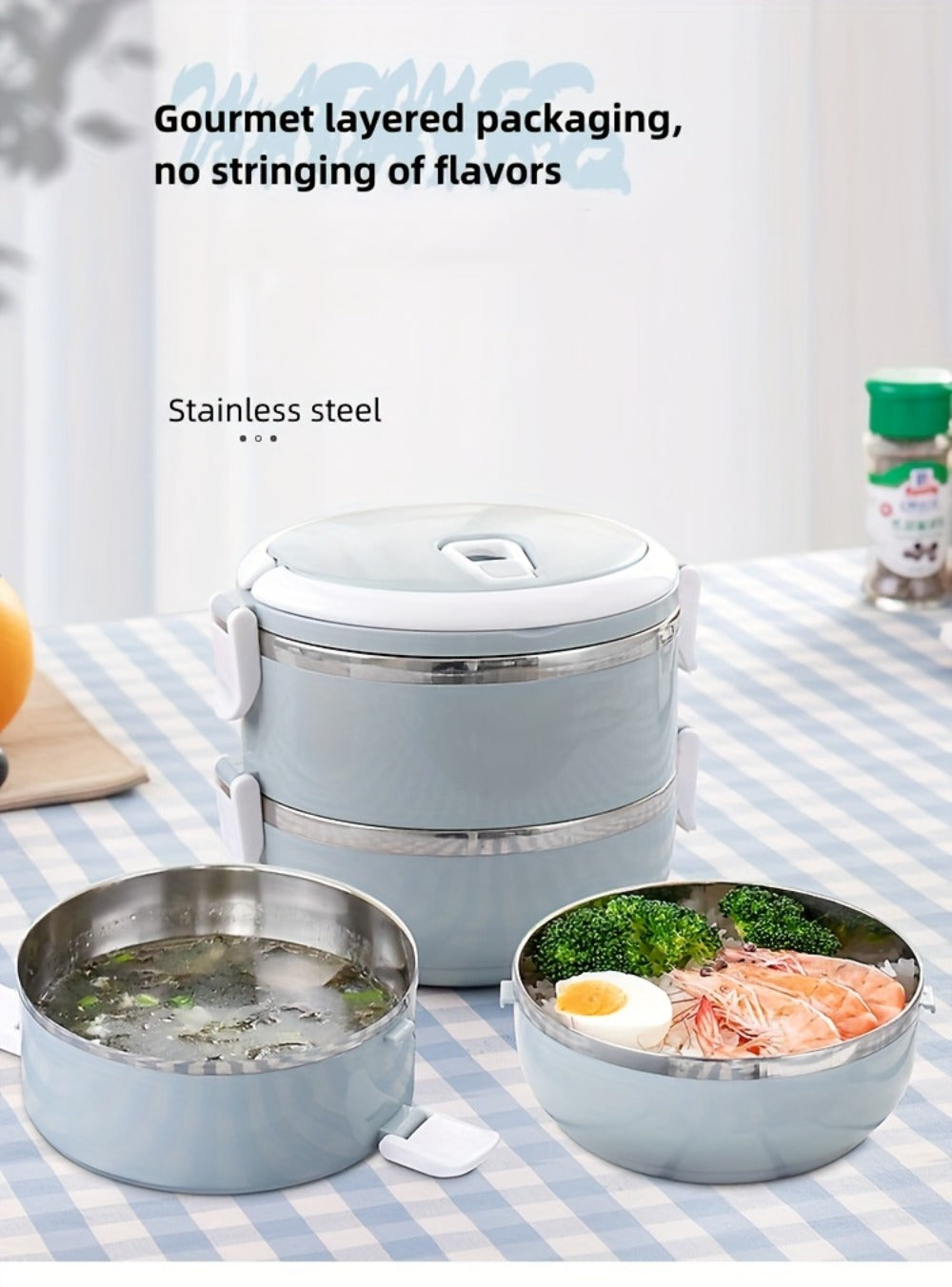 Stackable Bento Lunch Box, Stainless Steel Cylindrical Meal Container in 2-Layer, 3-Layer or 4-Layer Options