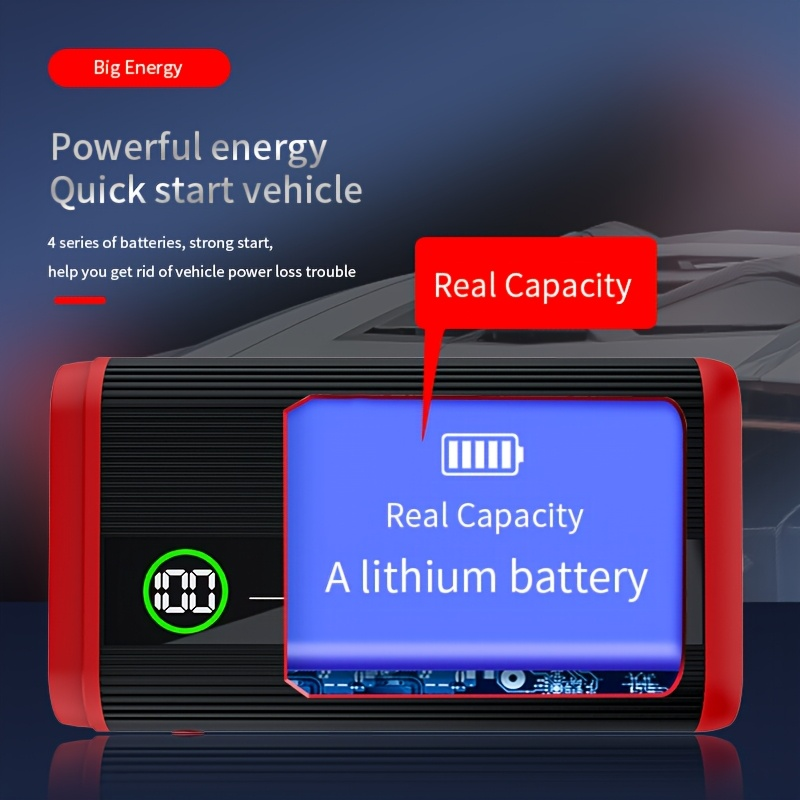 Lithium Jump Starter 3000A 8000mAh 12V Battery Pack USB-C Recharge Round LED Display for 6.0L Diesel 8.0L Gas Engines Compact Portable Emergency Booster