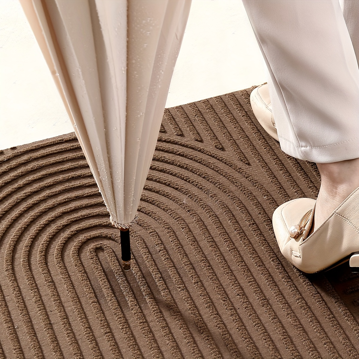 Time Arc Door Mat with Geometric Groove Pattern in Black, Gray or Brown and Two Rectangular Sizes