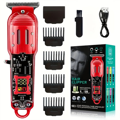 Professional Hair Cutting Kit for Men - Transparent USB Rechargeable Hair Clipper with LCD Display, T-Blade Trimmer, Electric Shaver, 4 Guide Combs & Cleaning Brush - Home Barber Grooming Gift Set