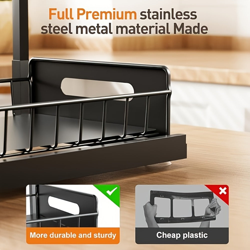 Under Sink Organizer with Sliding Pull-Out Shelf – 2-Tier Metal Cabinet Storage Rack for Kitchen, Bathroom, Pantry & Closet Organization, 1-Pack or 2-Pack