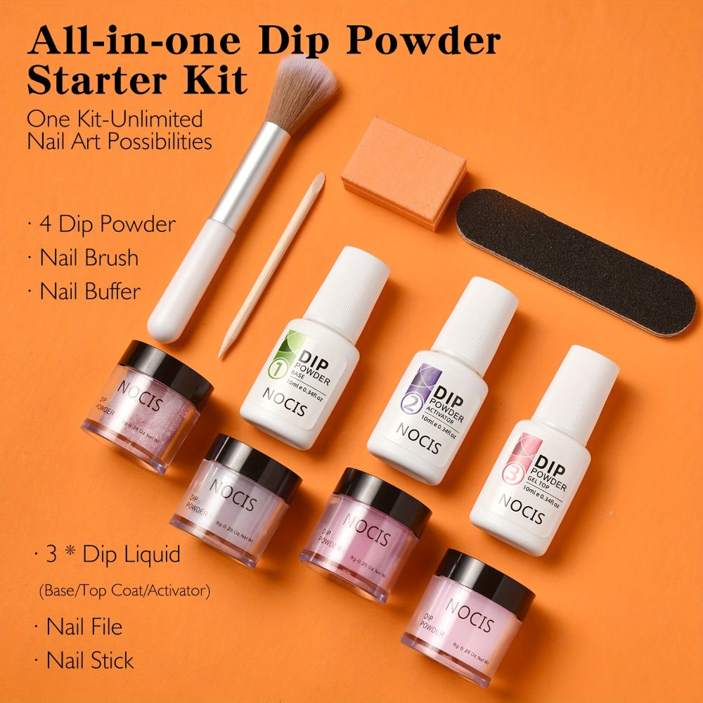 Nude Pink Glitter Dip Powder Kit 4 Colors with Base Coat Top Coat & Activator — All-in-One Beginner Starter Set for French Nail Art Salon & Home Manicure
