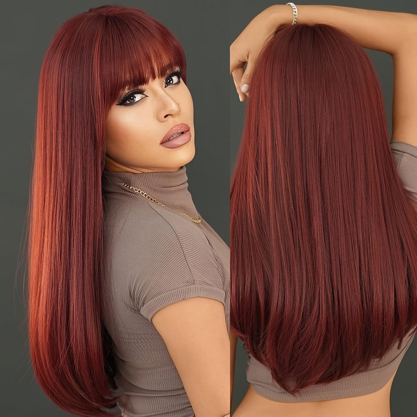 Long Straight Wig with Bangs Burgundy Wine Red 28 Inch Synthetic Heat Resistant Lightweight for Women Daily Wear Holiday Party Cosplay Halloween Natural Look Fashion