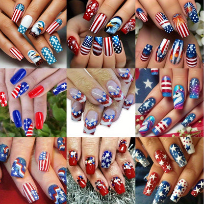 Press On Nails 216-Piece Medium Coffin Nine-Pack Red White Blue Stars and Stripes Patriotic Set