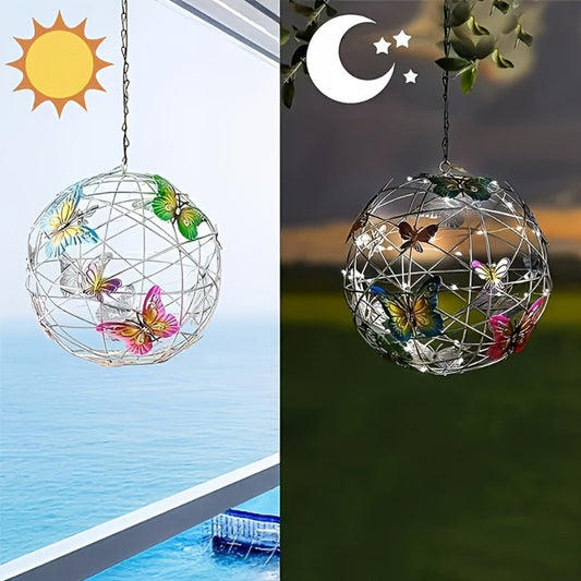 Solar Butterfly Lantern Outdoor Metal Iron Hanging Solar Light – Waterproof, Auto On at Dusk, White & Color Light | Garden, Porch, Patio & Tree Decor | Unique Garden Gift