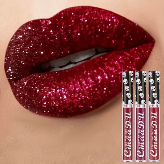 Glitter Lip Gloss Set 3pcs Skull Design Shimmer Liquid Lipstick Long Lasting Easy Remove Bold Shiny Lip Color for Music Festival Rave Party Halloween Costume Gift for Women