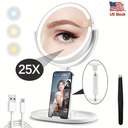 Rechargeable Lighted Makeup Mirror 25X Magnifying 80 LED Vanity Mirror - 3 Color Lighting Modes, Touch Control, Double Sided 8 Inch 2000mAh Battery Makeup Mirror for Women Desk Bedroom Gift