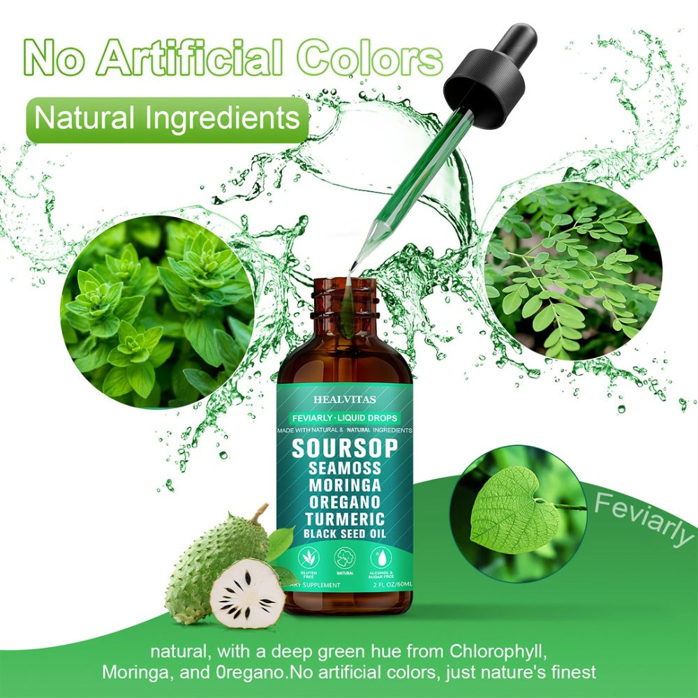 Soursop Bitters Liquid Drops 10-in-1 with Sea Moss Moringa Turmeric Black Seed Oil Oregano for Bath Time, Home Spa and Personal Care