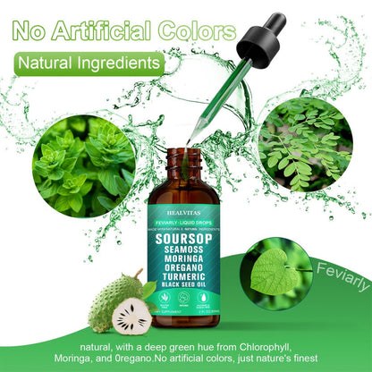 Soursop Bitters Liquid Drops 10-in-1 with Sea Moss Moringa Turmeric Black Seed Oil Oregano for Bath Time, Home Spa and Personal Care