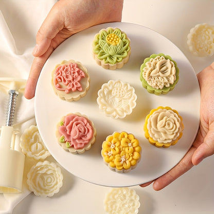 Seven-Piece 50 g Mooncake Press Set with Six Flower Pattern Stamps for Cookies and Pastry Baking