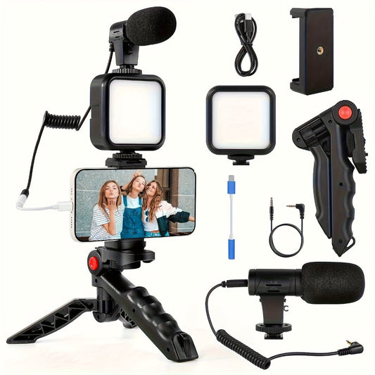 Phone Vlogging Kit with Noise-Reduction Microphone Tripod & LED Fill Light – TikTok YouTube Instagram Content Creator Setup, 3.5mm Lightning Type-C Compatible, iPhone Android Streaming Starter Kit & Gift