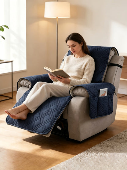 Chair Cover Quilted Recliner Throw with Side Pocket, Elastic Straps and Buckle in Ten Colors