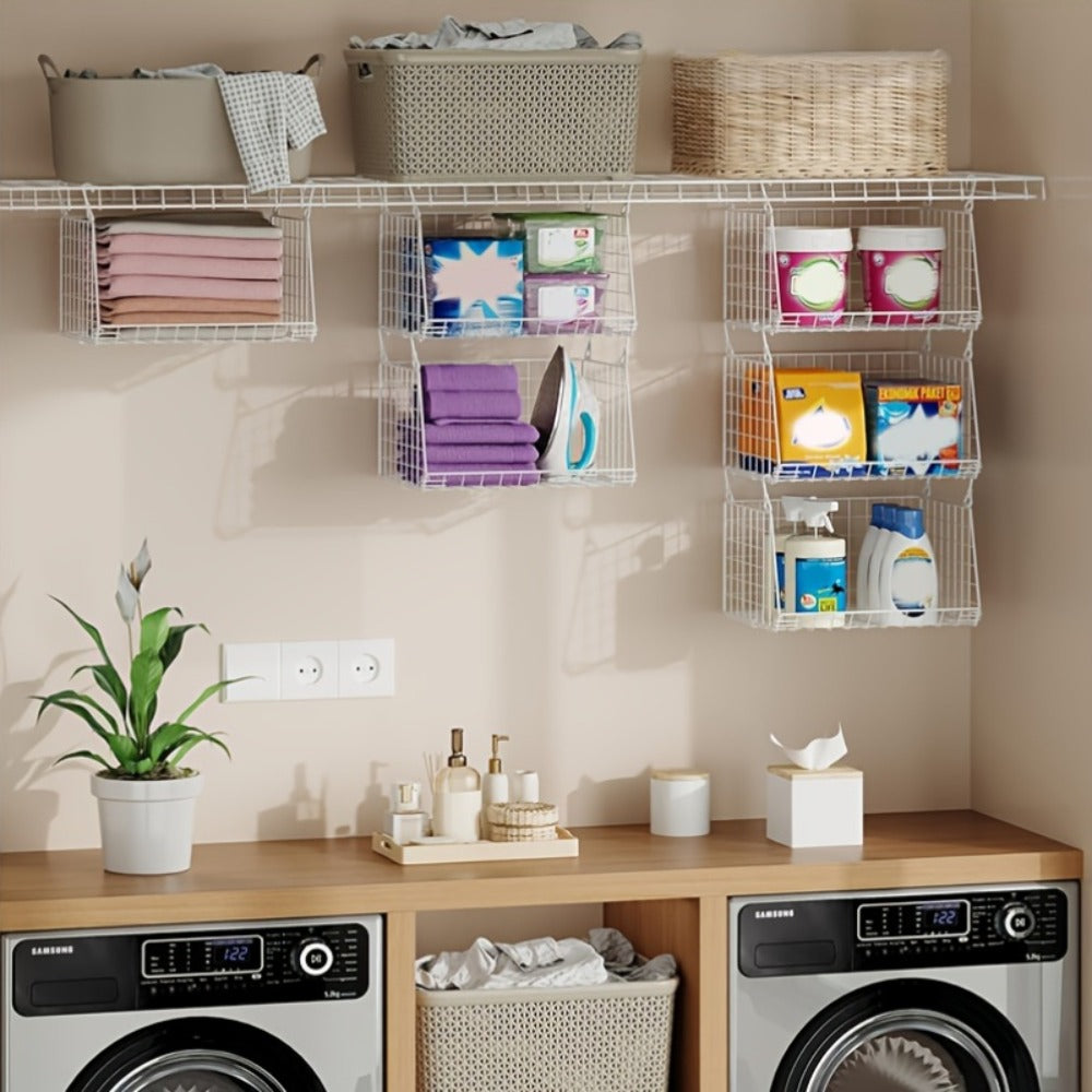 Three-Piece Hanging Wire Basket Organizer Set with Rotating Hooks in Black or White for Shelf Storage