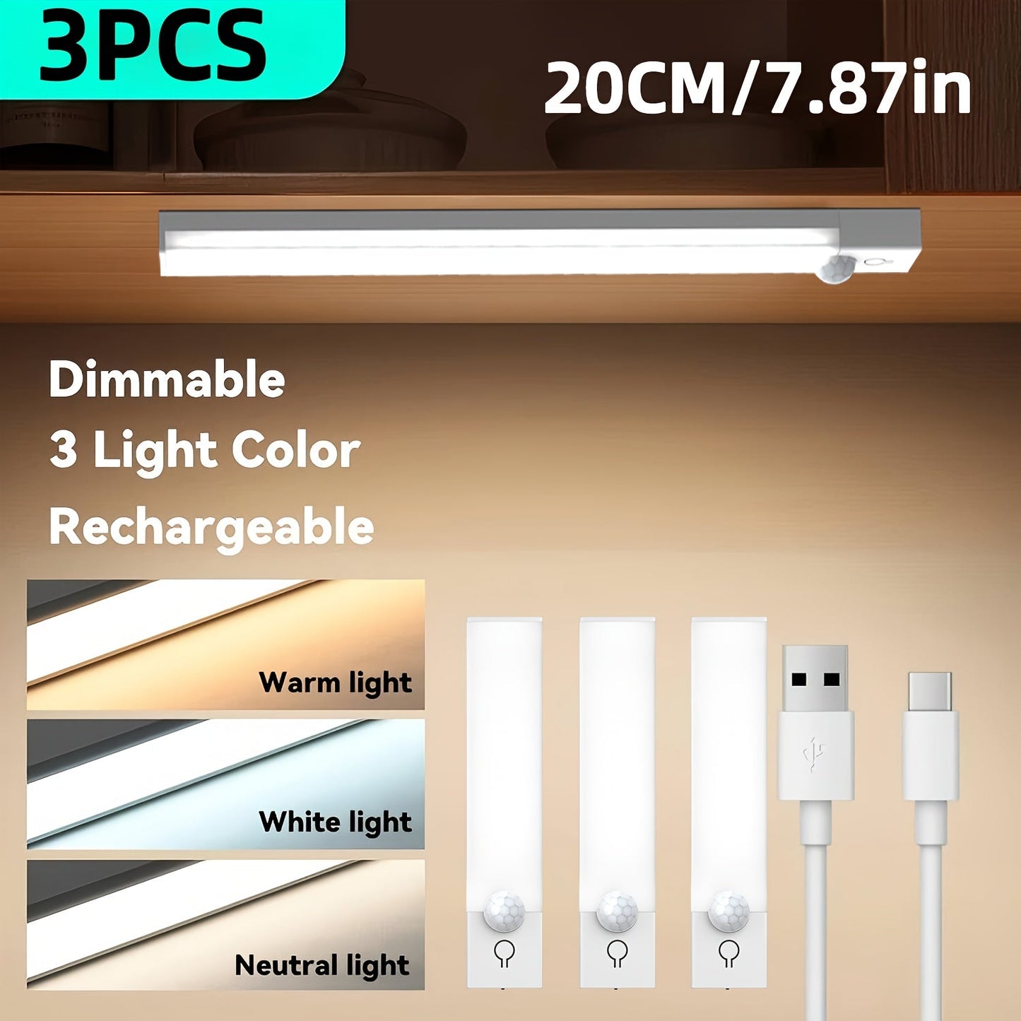 Three-Pack Motion Sensor Cabinet Lights with USB-C Charging, Three Light Colors and 7.87- or 11.81-Inch Options