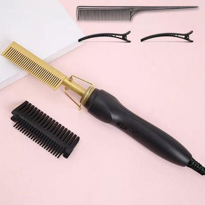Electric Hot Comb Hair Straightener with Gold Titanium-Alloy Teeth, Detachable Guard and Adjustable Heat Controls