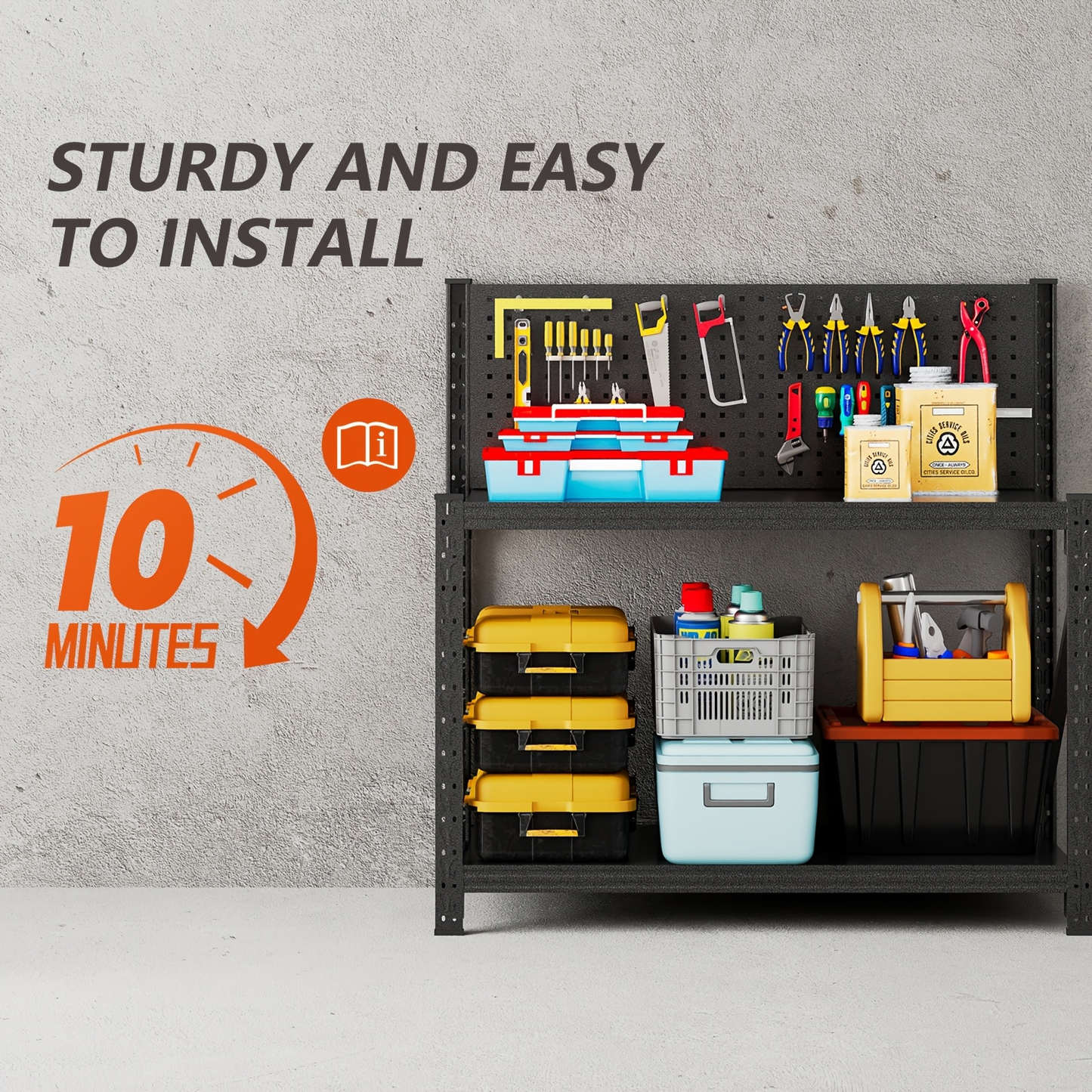 Four-Tier Metal Garage Storage Shelf with Wide Workbench Top and Lower Tool Organizer Space