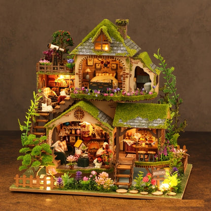 Wooden Forest Hut Miniature Model Kit with Multi-Level Cabin Scene, Lighting Details and Forest Adventures Label