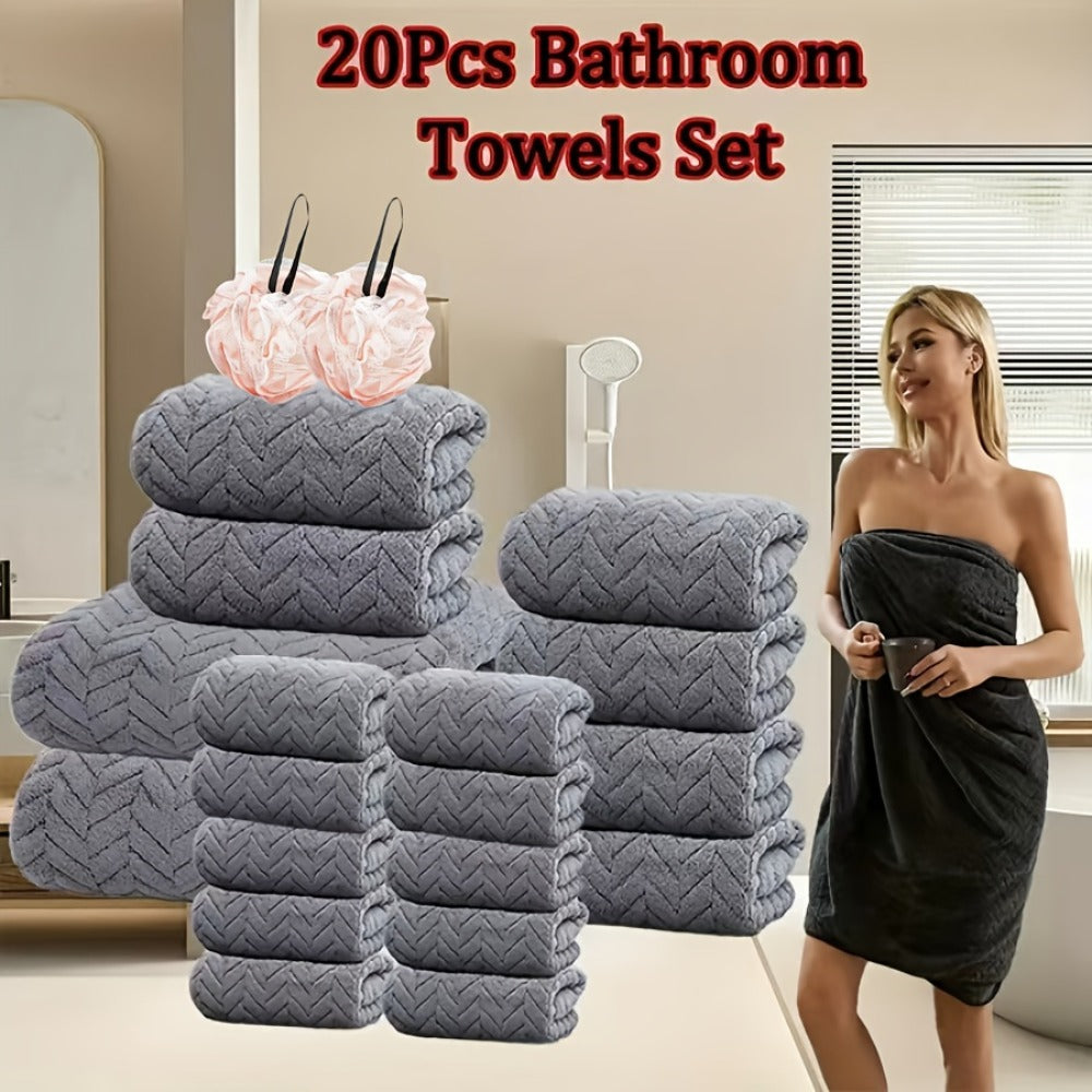 Bath Towels Set 18 or 20 Piece Coral Fleece Mix with Washcloths and Bath Ball in Multiple Colors