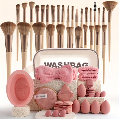 Makeup Brush Set, 56-Piece Polyester Bristle Collection with Wood Handles in Beige, Pink or Brown Color Options
