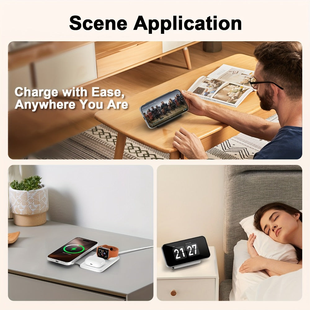 Foldable Three-Device Wireless Charging Station for Phone, Watch and Earbuds with Magnetic Supports