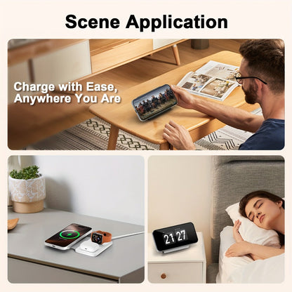 Foldable Three-Device Wireless Charging Station for Phone, Watch and Earbuds with Magnetic Supports