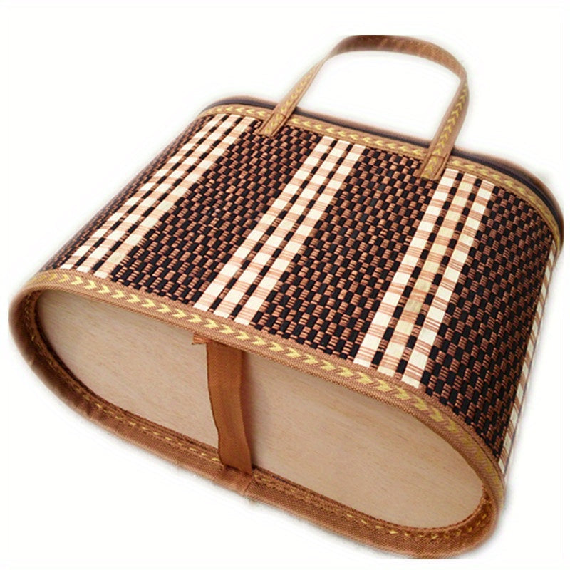 Woven Picnic Storage Basket with Fitted Checked Lid and Carry Handles, 14.17 x 6.3 x 10.24 Inches