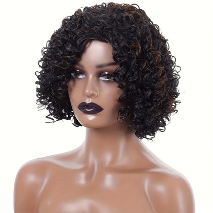 Synthetic Wig 12-Inch Short Kinky Curly Afro with Elastic Cap in Black or Mixed Brown for Daily Looks