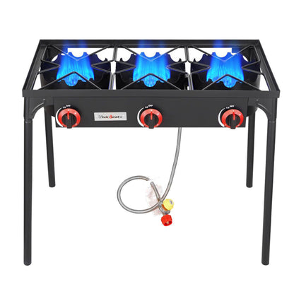 Propane Camping Stove Cast Iron 1, 2 or 3 Burner with Detachable Legs, 20 PSI High-Pressure Regulator, Heavy-Duty Outdoor Gas Cooker for Camping BBQ Survival Tactical Cooking Patio
