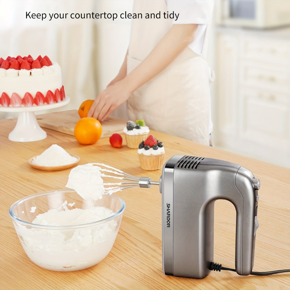 Electric Hand Mixer 250W with Storage Case – 5-Speed Plus Turbo Handheld Mixer with 5 Stainless Steel Attachments (2 Beaters, 2 Dough Hooks & 1 Whisk) – Kitchen Baking Mixer in Blue, Black, White & Silver