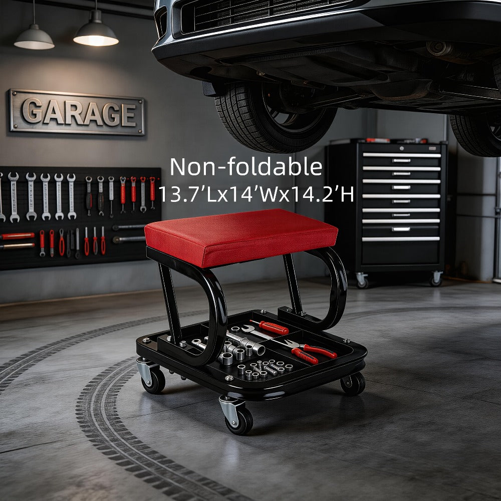 Rolling Mechanic Creeper Stool 300 lb – Foldable Z-Shape 3-in-1 Crawler Seat & Sliding Work Stool with 6 Swivel Casters, Thick Padded Cushion, for Car Truck Motorcycle Repair (Red / Grey)