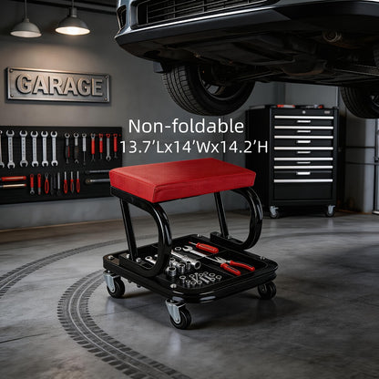 Rolling Mechanic Creeper Stool 300 lb – Foldable Z-Shape 3-in-1 Crawler Seat & Sliding Work Stool with 6 Swivel Casters, Thick Padded Cushion, for Car Truck Motorcycle Repair (Red / Grey)