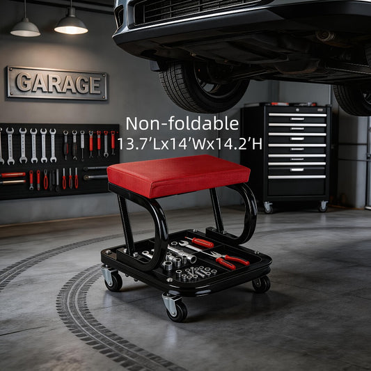 Rolling Mechanic Creeper Stool 300 lb – Foldable Z-Shape 3-in-1 Crawler Seat & Sliding Work Stool with 6 Swivel Casters, Thick Padded Cushion, for Car Truck Motorcycle Repair (Red / Grey)