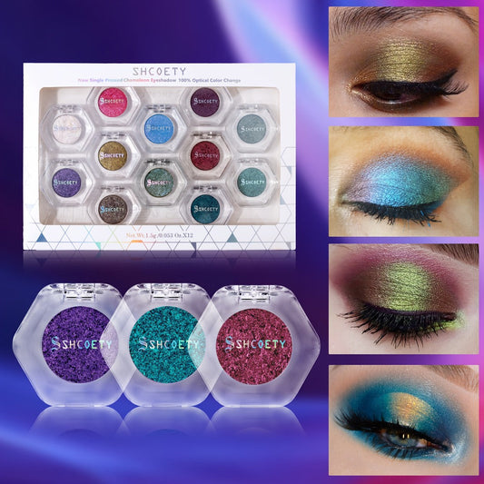 Chameleon Color-Shifting Eyeshadow Palette 12 Shades — Pearlescent Pigments Matte & Shimmer Blendable Long-Lasting Eye Makeup Kit for Women, All Skin Tones, Daily Wear & Special Occasions