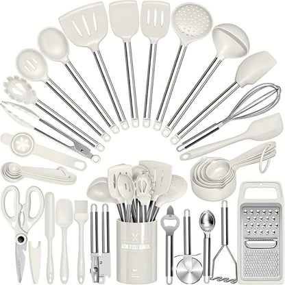 Silicone Cooking Utensils Set 34 Piece with Stainless Steel Handle, Heat Resistant Kitchen Gadgets Tools for Nonstick Cookware, Spatulas Spoons Tongs Whisk Complete Kitchen Accessories Gift Set