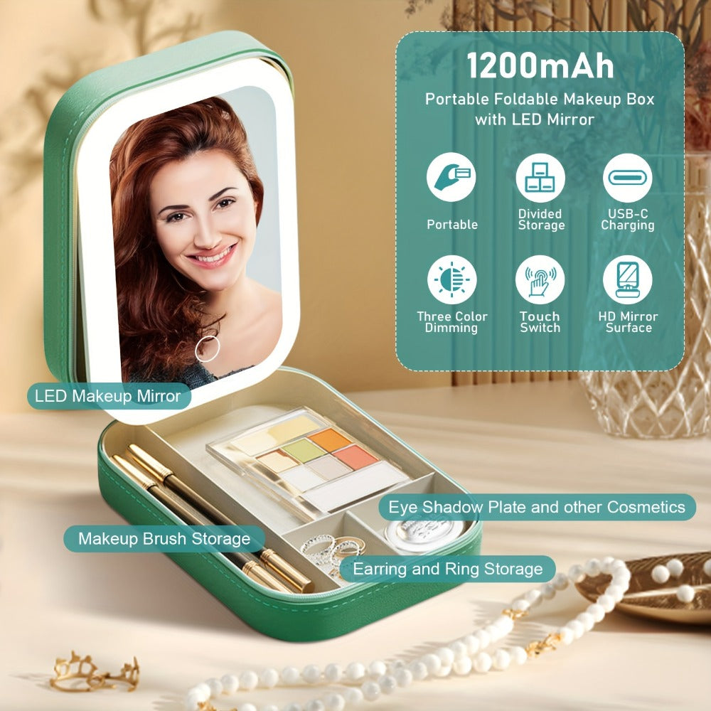 Lighted Makeup Case with LED Mirror & Cosmetic Organizer - 1200mAh Rechargeable USB Travel, for Makeup, Travel and Everyday Vanity Use