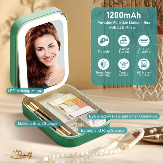 Lighted Makeup Case with LED Mirror & Cosmetic Organizer - 1200mAh Rechargeable USB Travel Makeup Train Case Portable Vanity Mirror for Women Girls Birthday Gift