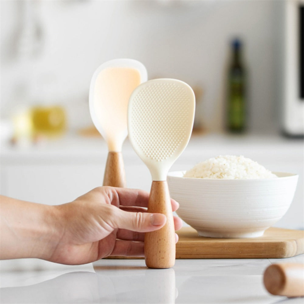 Silicone Rice Spatula Serving Spoon 2 Pack Wooden Handle Heat Resistant Durable Standing for Home Cooking, Dining and Outdoor Meals