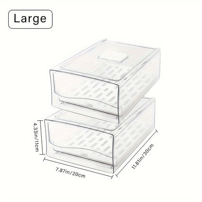 Stackable Fridge Organizer Bins with Drain Board 2 Pack, BPA-Free Refrigerator Drawer Organizer for Produce Fruit Vegetable, Reusable Food Storage Containers for Kitchen