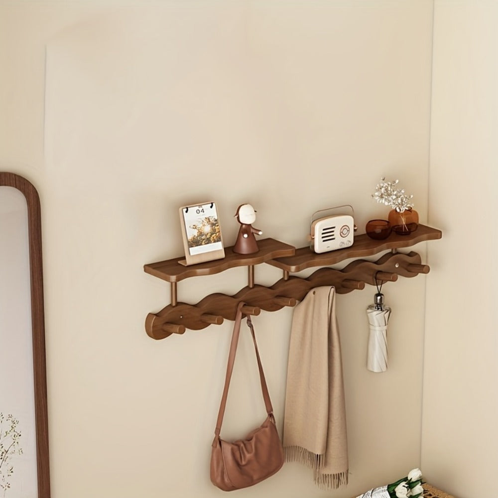 Coat Rack Wall Mounted Wood-and-Metal Organizer with Upper Shelf and 4 or 8 Hooks for Entryway Storage