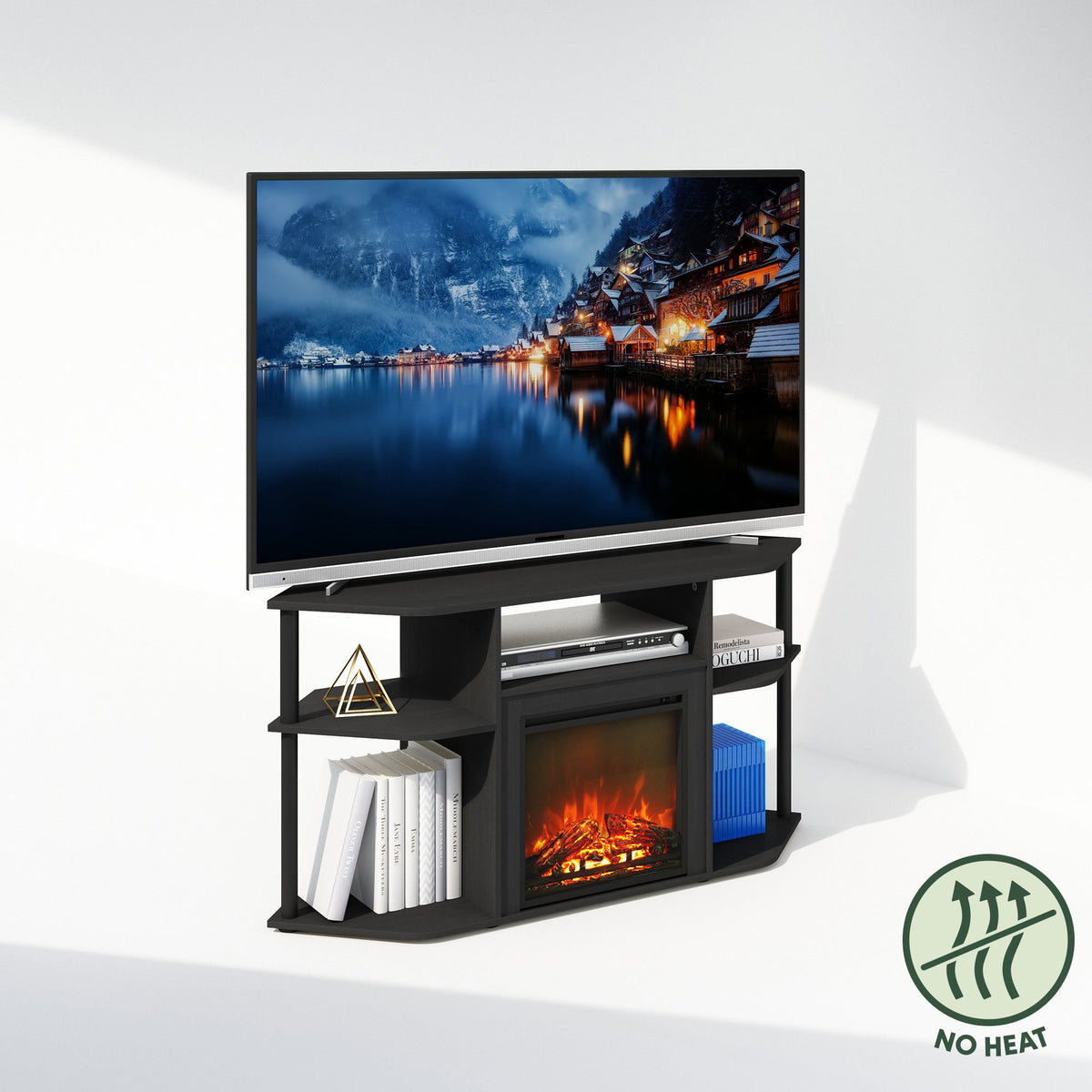 Corner TV Stand with Electric Fireplace, 55" Entertainment Center with Open Storage Shelves & Decorative Plastic Poles