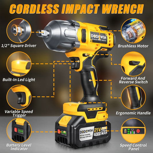 High Torque Impact Wrench Kit 320NM / 1000NM Brushless Cordless – 21V with 2.0AH / 4.0AH Batteries, Quick Charger, 6 Sockets & Full Accessories, Electric Impact Gun for Car Repair, Auto Mechanic & Home Use
