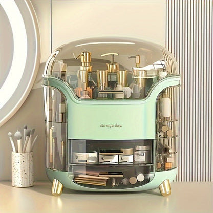 Covered Countertop Makeup Organizer with Transparent Display Top and Pull-Out Drawer in White or Green