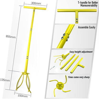 Manual Twist Tiller with Four Curved Soil Claws, Three-Section T-Handle and Yellow or Orange Options