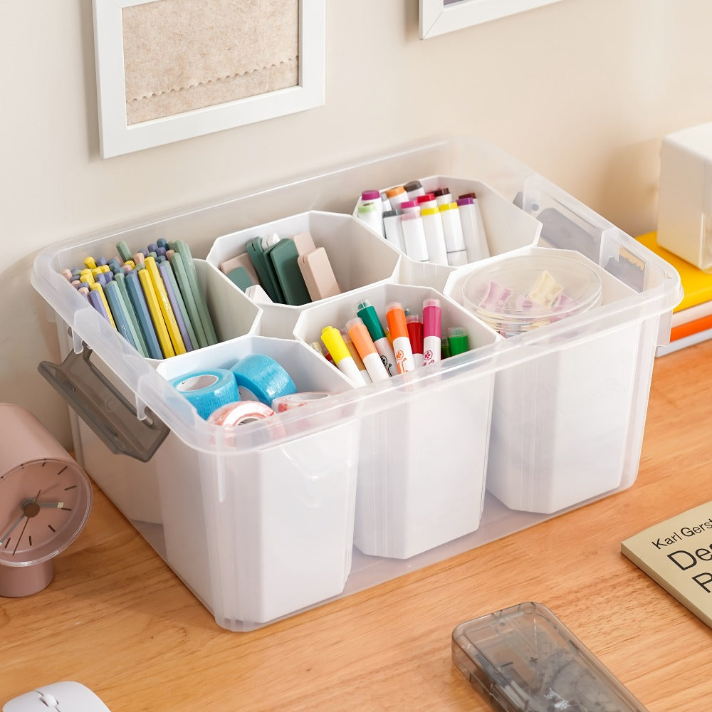 17-Quart Clear Storage Box with Six Removable Insert Bins, Latching Lid and Side Carry Handles