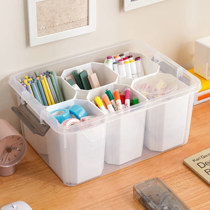 17-Quart Clear Storage Box with Six Removable Insert Bins, Latching Lid and Side Carry Handles