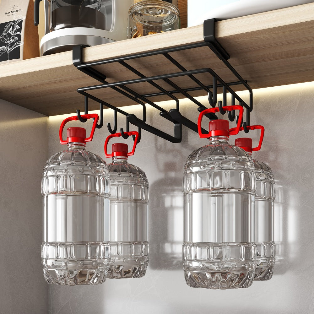 Under Cabinet Organizer Rack with Hooks – Heavy Duty Carbon Steel Kitchen Shelf for Utensils, Towels, Cups & Cutting Boards – No-Drill Door-Mount Space-Saving Kitchen Storage