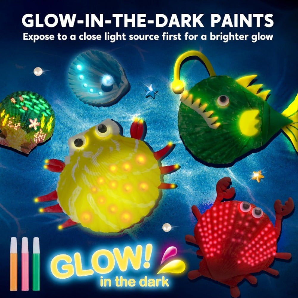 Seashell Painting Craft Kit with 12 Shell Forms, Glow-Labeled Paints, Brushes, Gems and Stickers